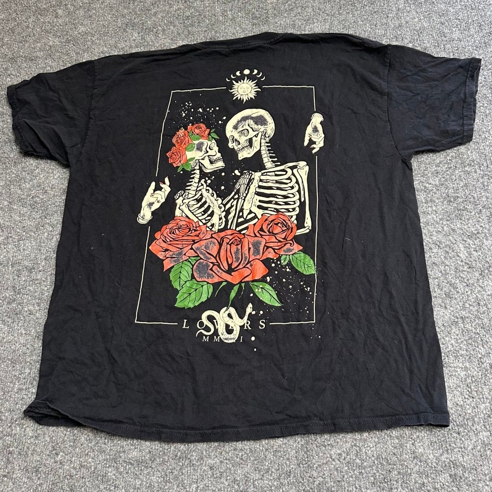 Nasty Gal T-Shirt Womens Size L Black Lovers Skeleton Roses Graphic Short Sleeve